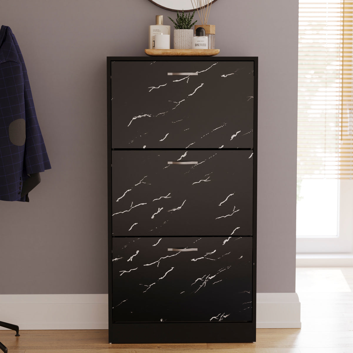 3 Drawer Shoe Cabinet, Black Marble