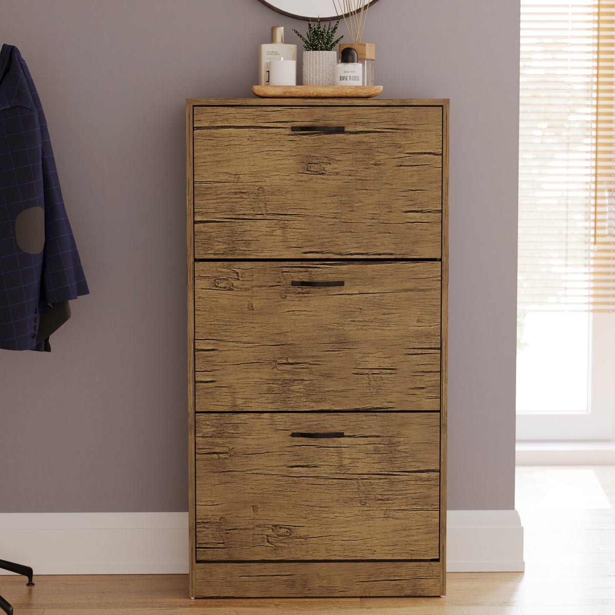3 Drawer Shoe Cabinet, Antique Brown