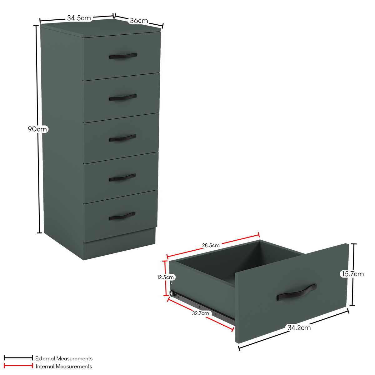 Riano 5 Drawer Narrow Chest Green Bedroom Storage Unit
