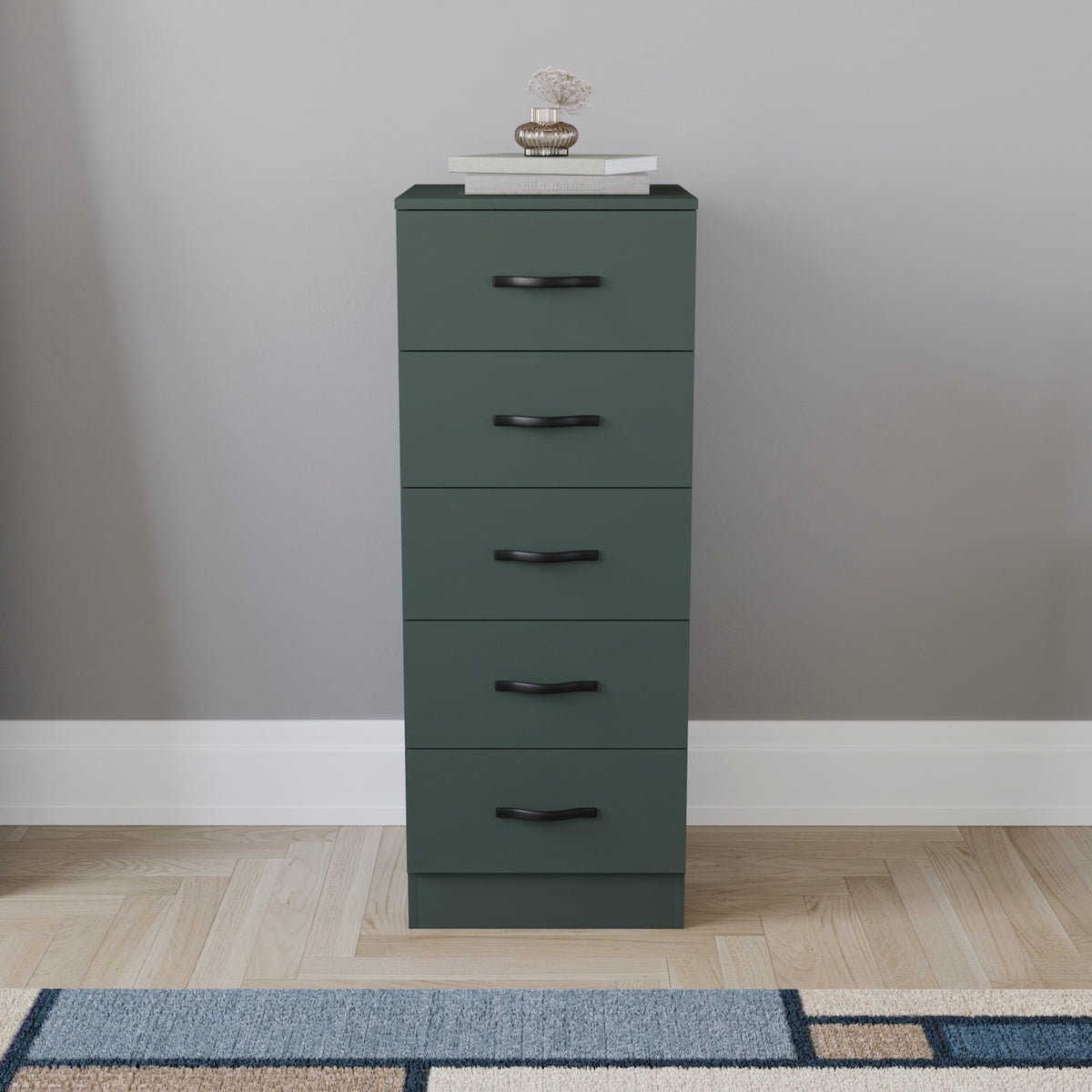 Riano 5 Drawer Narrow Chest Green Bedroom Storage Unit

