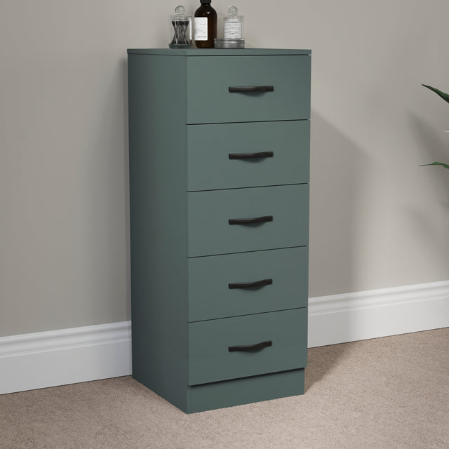 Riano 5 Drawer Narrow Chest Green Bedroom Storage Unit
