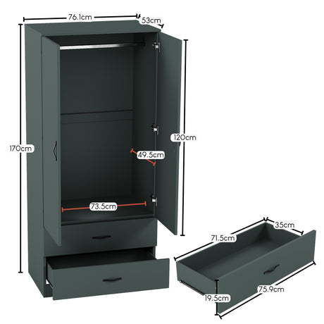 Riano 2 Door 2 DrawerWardrobe for Bedroom Storage - Jasper Green

