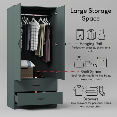 Riano 2 Door 2 Drawer Wardrobe for Bedroom Storage - Jasper Green
