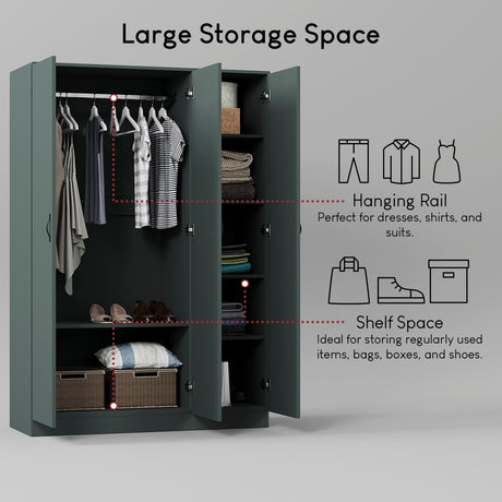 Riano 3 Door Wardrobe for Bedroom Storage - Jasper Green
