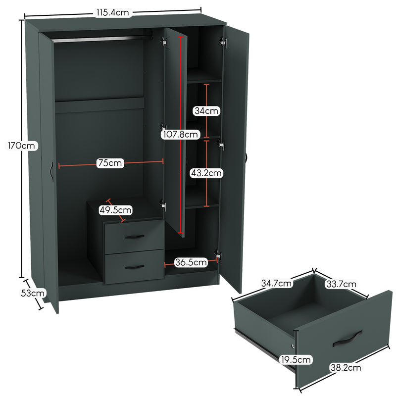 Riano 3 Door 2 Drawer Mirrored Wardrobe, Green