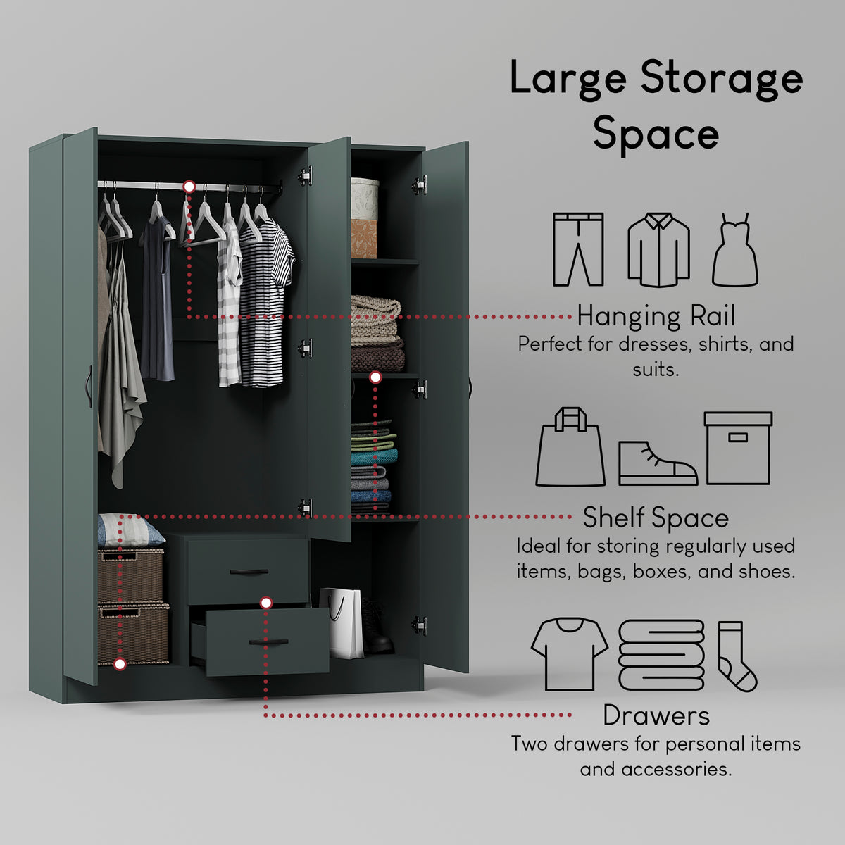 Riano 3 Door 2 Drawer Mirrored Wardrobe, Green