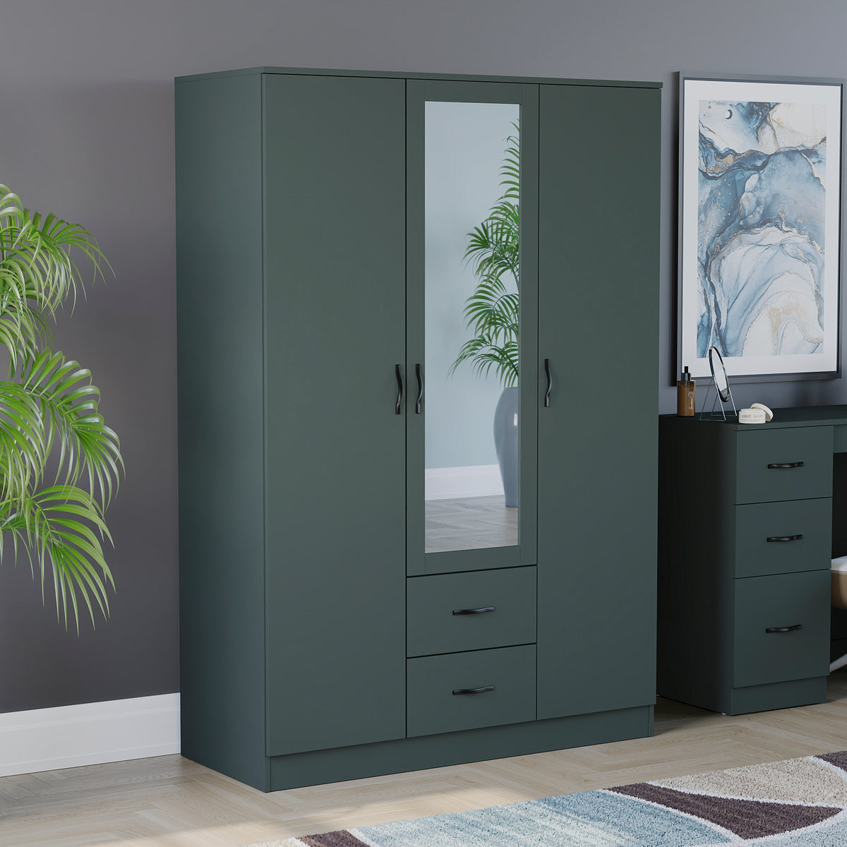 Riano 3 Door 2 Drawer Mirrored Wardrobe, Green