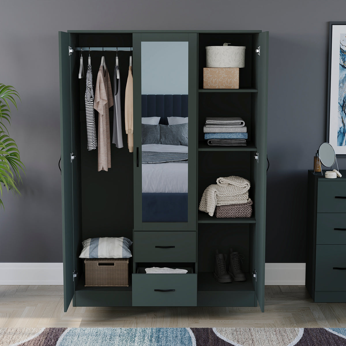 Riano 3 Door 2 Drawer Mirrored Wardrobe, Green