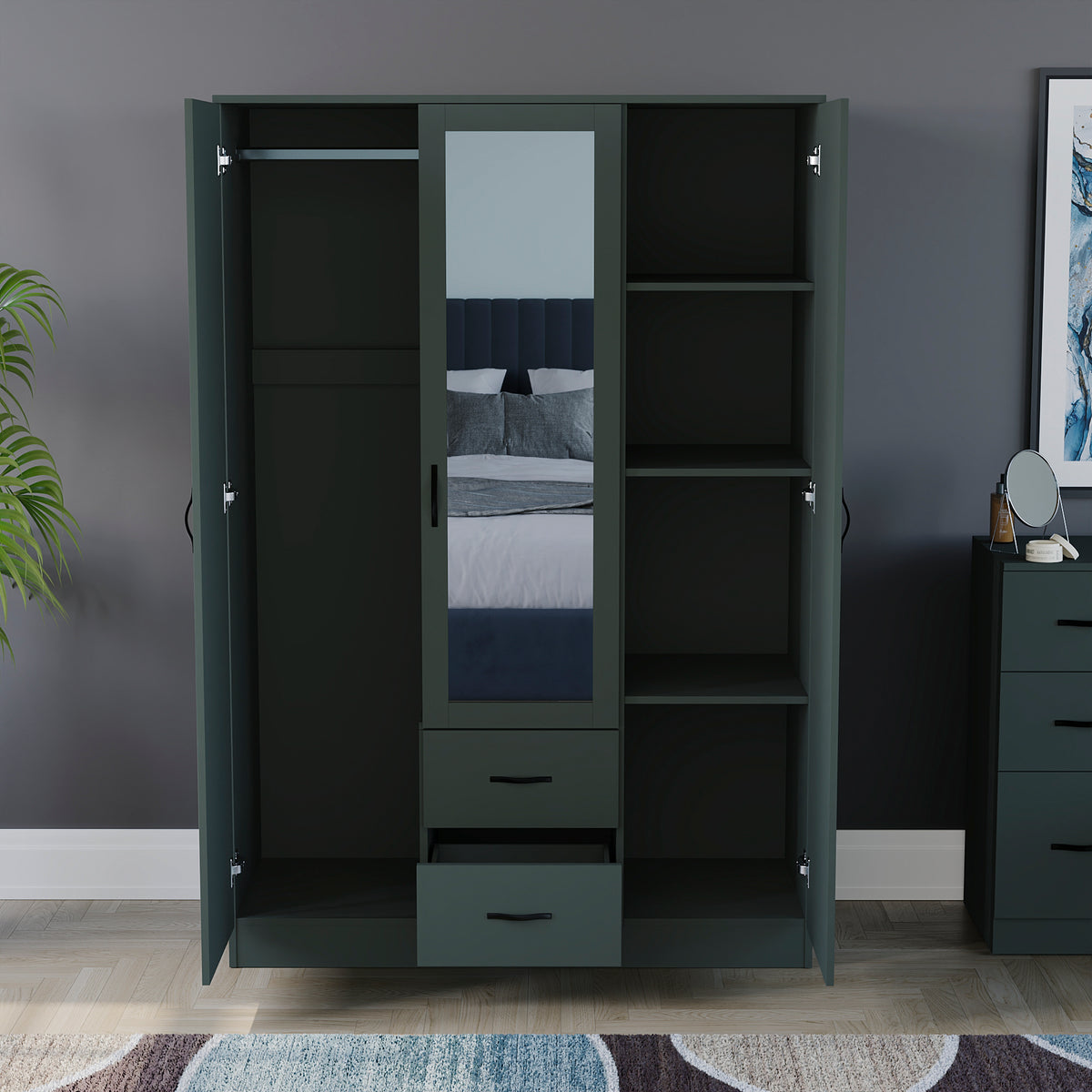 Riano 3 Door 2 Drawer Mirrored Wardrobe, Green