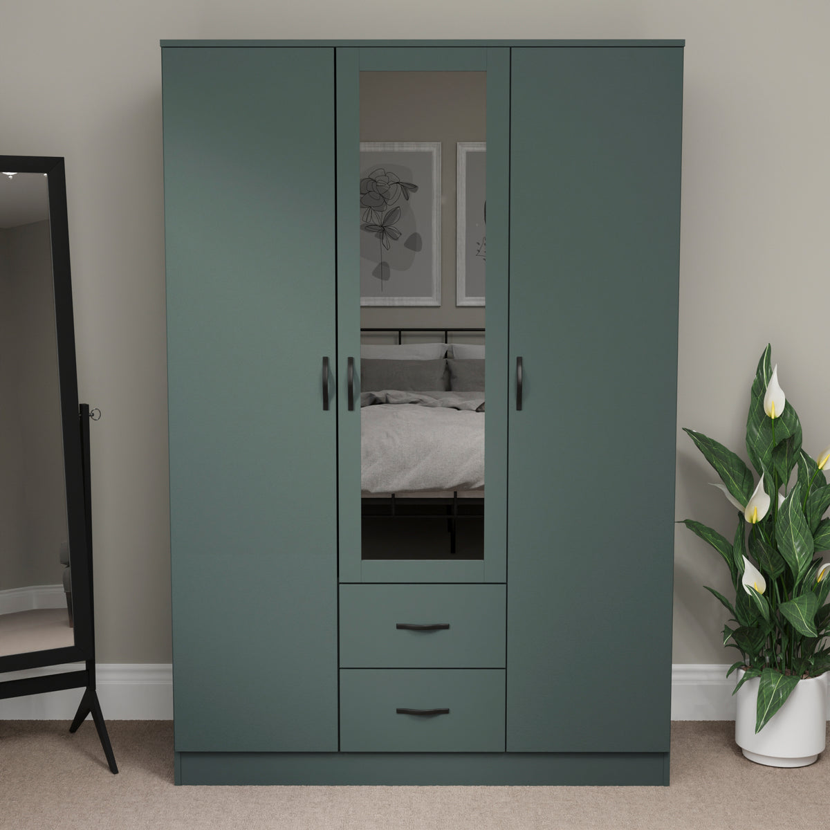 Riano 3 Door 2 Drawer Mirrored Wardrobe, Green