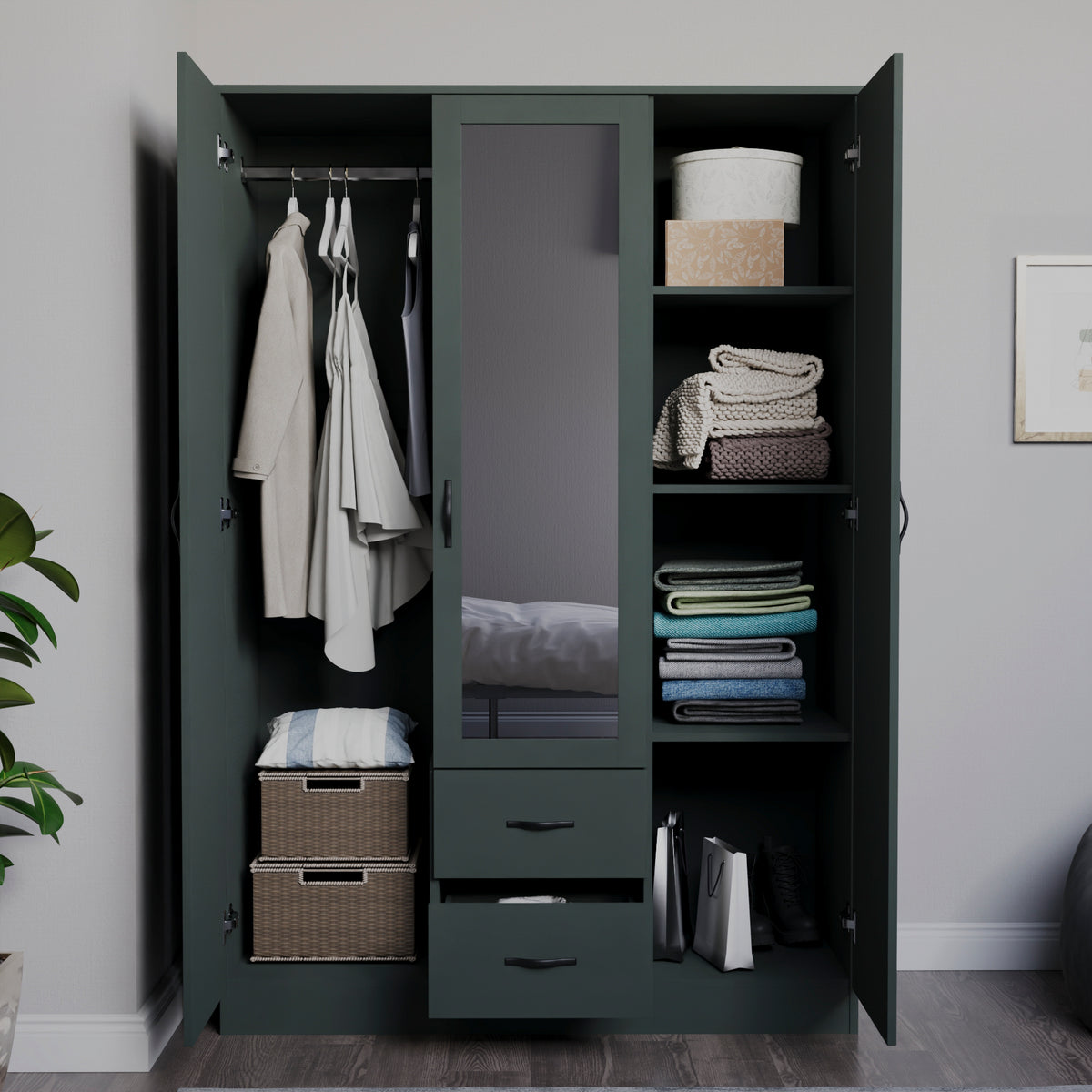 Riano 3 Door 2 Drawer Mirrored Wardrobe, Green