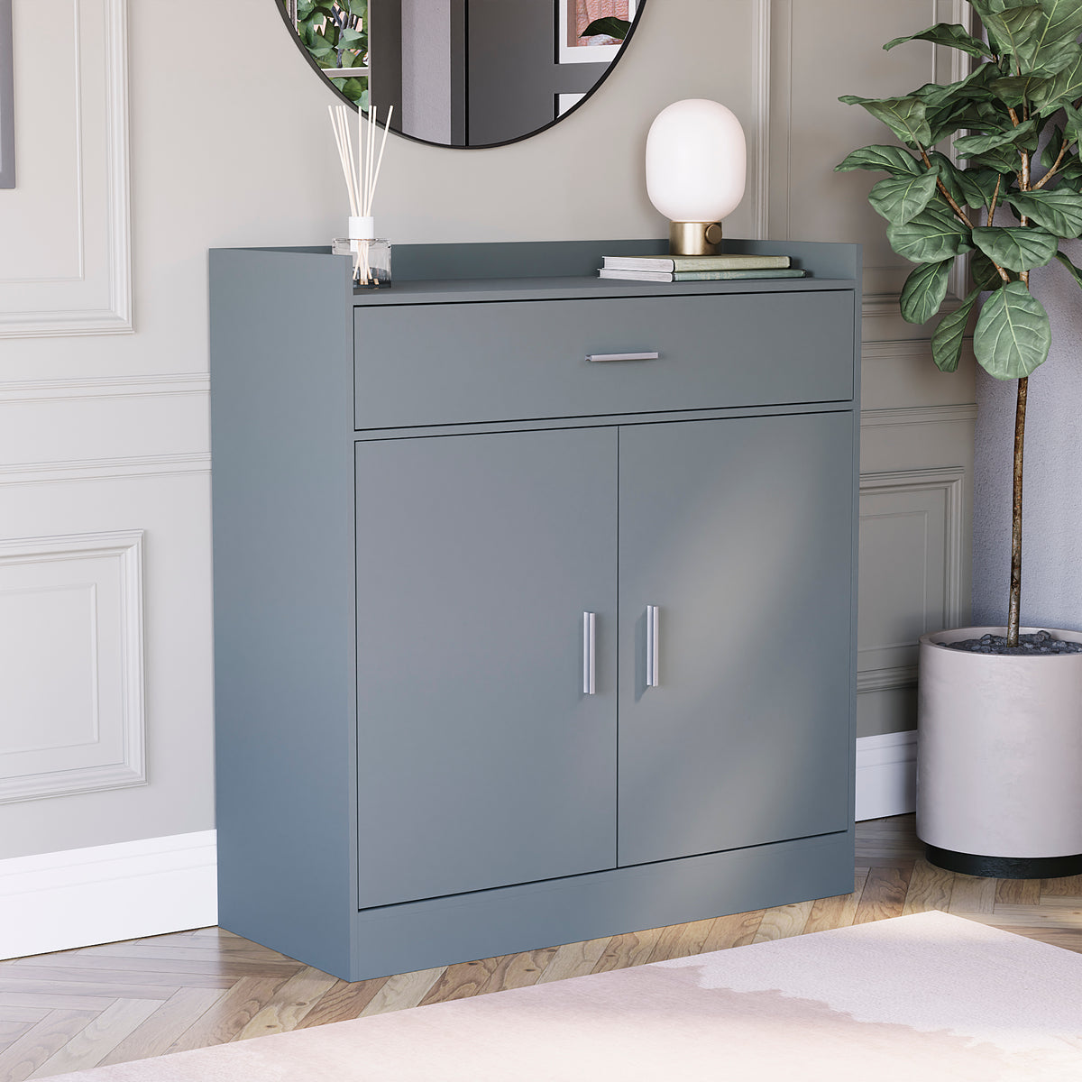 Dalby two-drawer shoe cabinet in grey, with two pull-out drawers.
