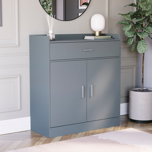 Dalby two-drawer shoe cabinet in grey, with two pull-out drawers.

