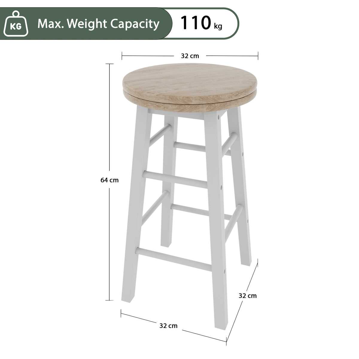 Wooden Revolving Bar Stool, White, Set Of 2