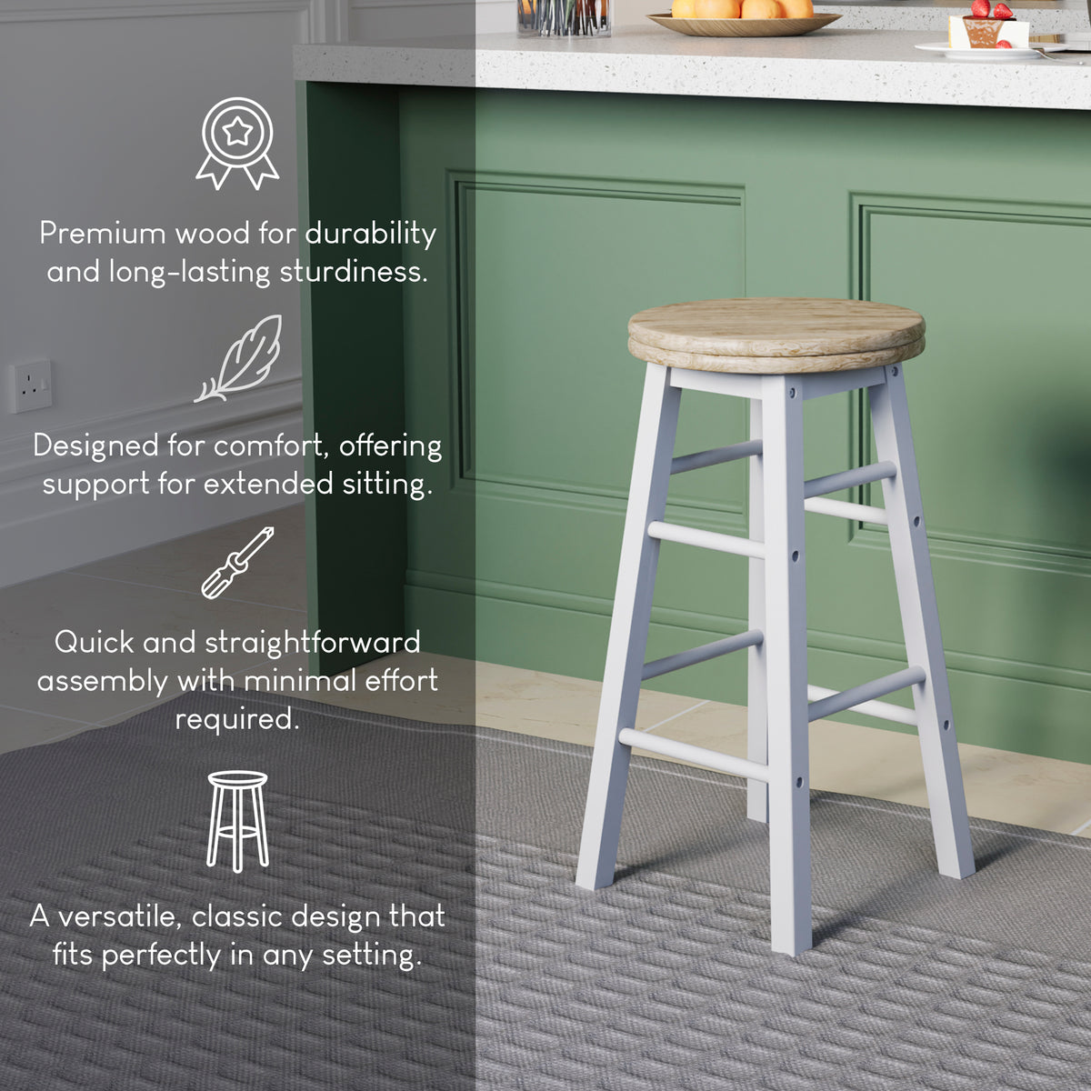 Wooden Revolving Bar Stool, White, Set Of 2