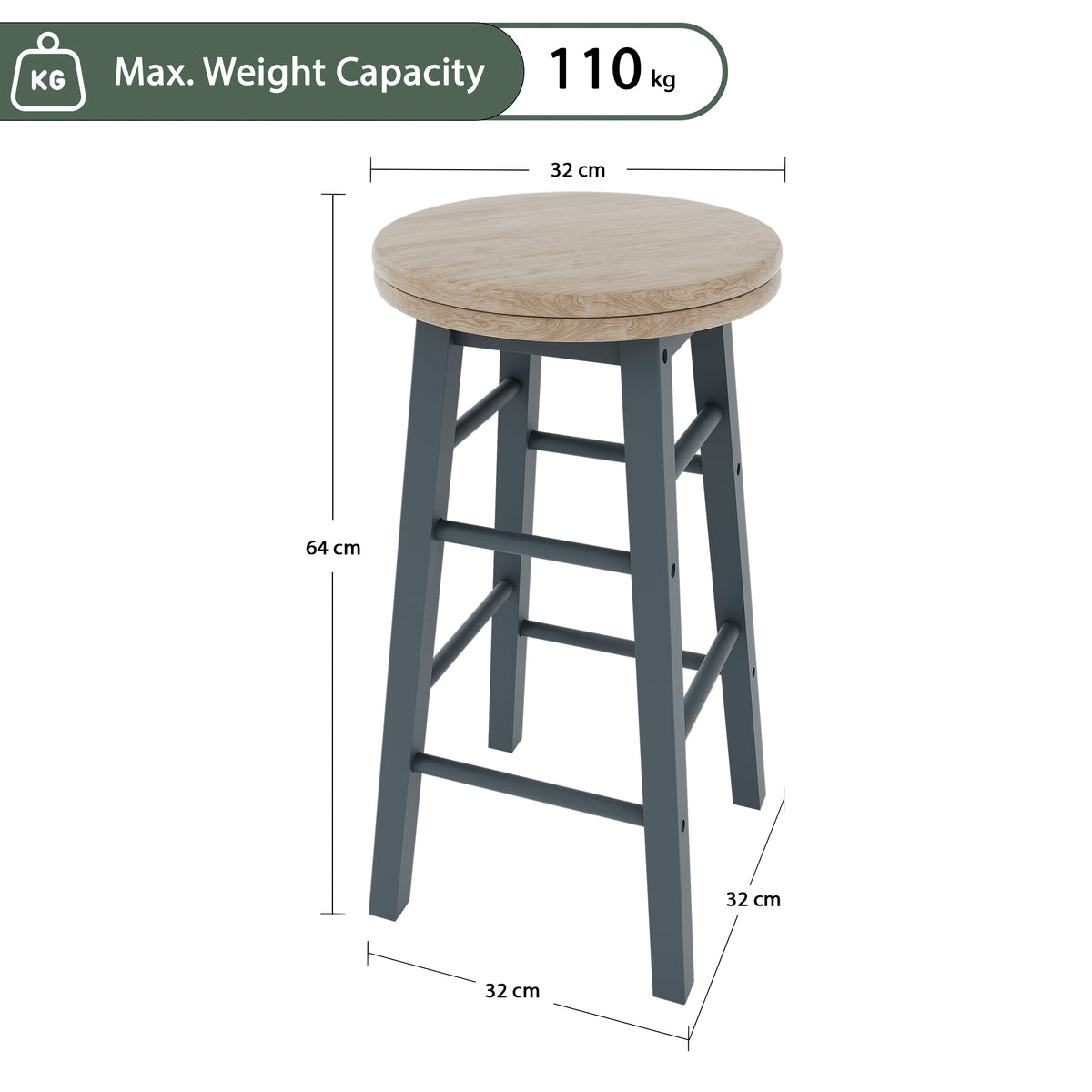 Wooden Revolving Bar Stool, Grey, Set Of 2