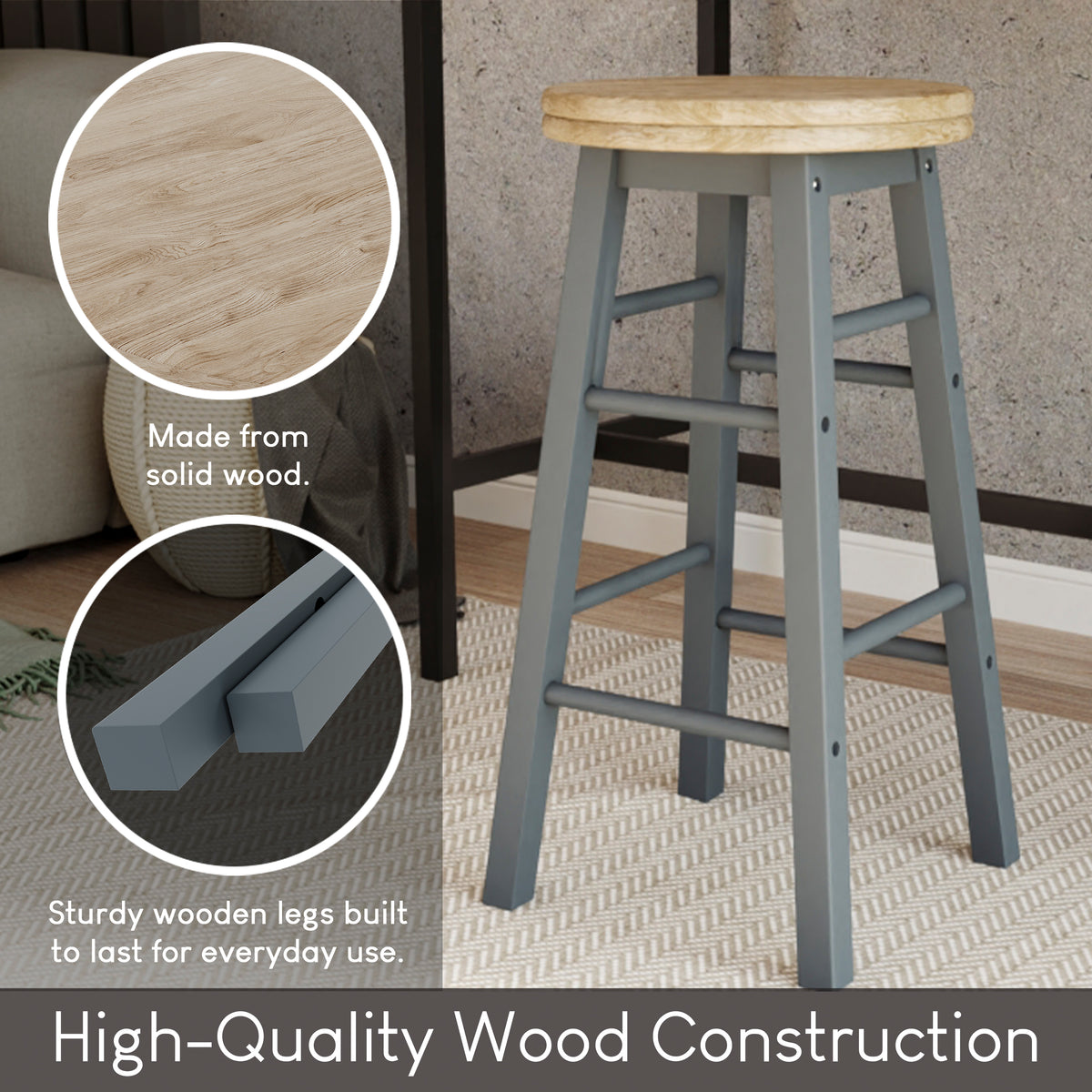 Wooden Revolving Bar Stool, Grey, Set Of 2