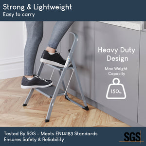 2 Step Ladder With Anti-Slip Mat, Grey
