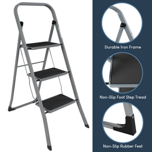 3 Step Ladder With Anti-Slip Mat, Grey