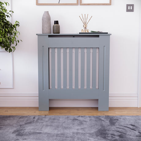 Small Grey Chelsea radiator cover with decorative slatted front.
