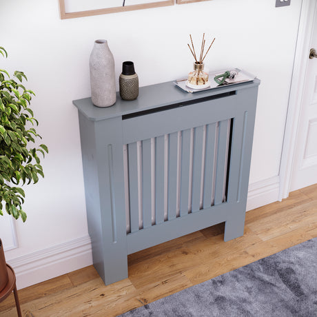 Small Grey Chelsea radiator cover with decorative slatted front.
