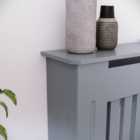 Small Grey Chelsea radiator cover with decorative slatted front.
