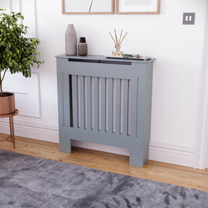 Small Grey Chelsea radiator cover with decorative slatted front.
