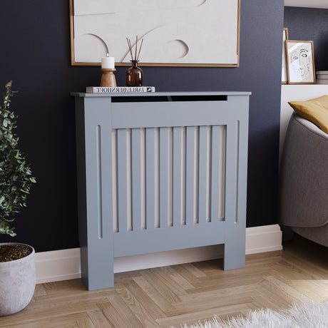 Small Grey Chelsea radiator cover with decorative slatted front.
