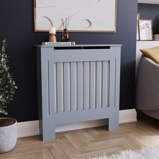 Small Grey Chelsea radiator cover with decorative slatted front.
