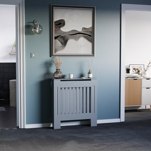 Small Grey Chelsea radiator cover with decorative slatted front.

