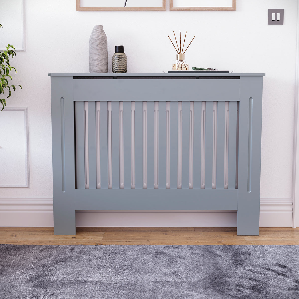 Medium Grey Chelsea radiator cover with decorative slatted front.
