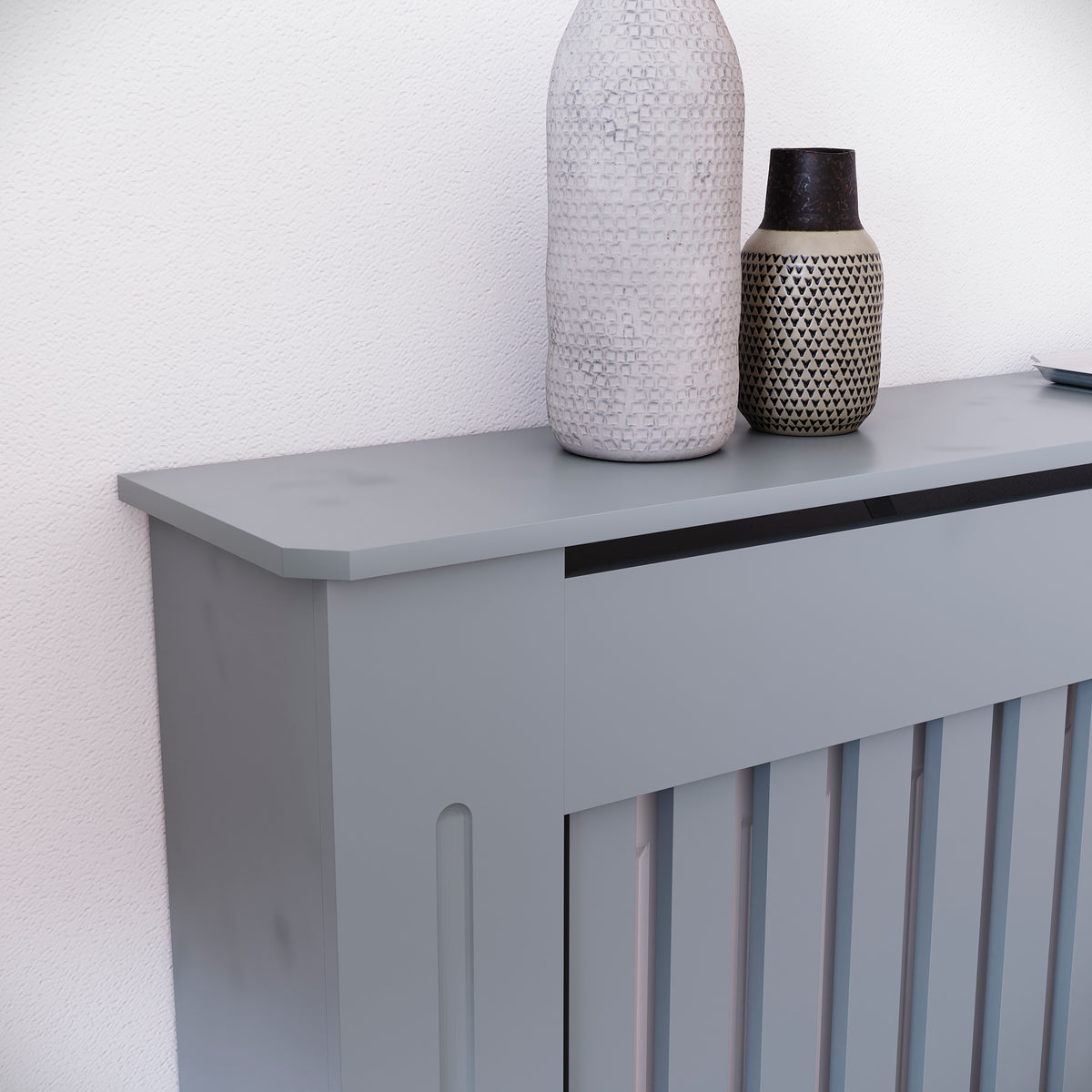 Medium Grey Chelsea radiator cover with decorative slatted front.
