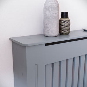 Medium Grey Chelsea radiator cover with decorative slatted front.
