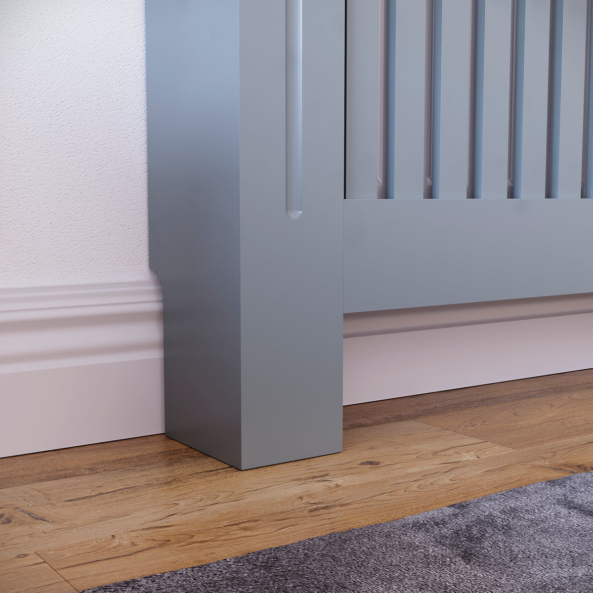Medium Grey Chelsea radiator cover with decorative slatted front.
