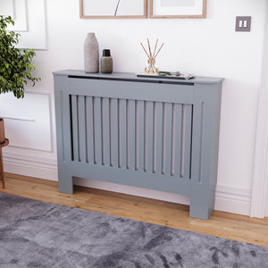 Medium Grey Chelsea radiator cover with decorative slatted front.
