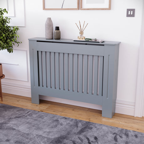 Medium Grey Chelsea radiator cover with decorative slatted front.

