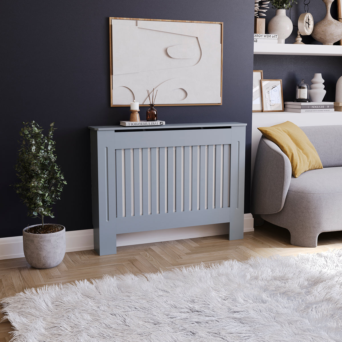 Medium Grey Chelsea radiator cover with decorative slatted front.
