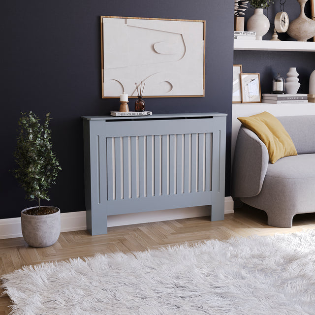 Medium Grey Chelsea radiator cover with decorative slatted front.
