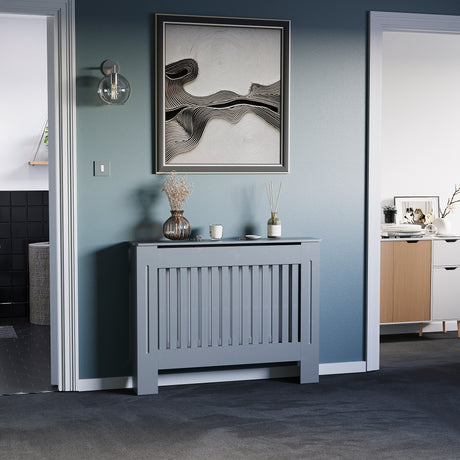Medium Grey Chelsea radiator cover with decorative slatted front.
