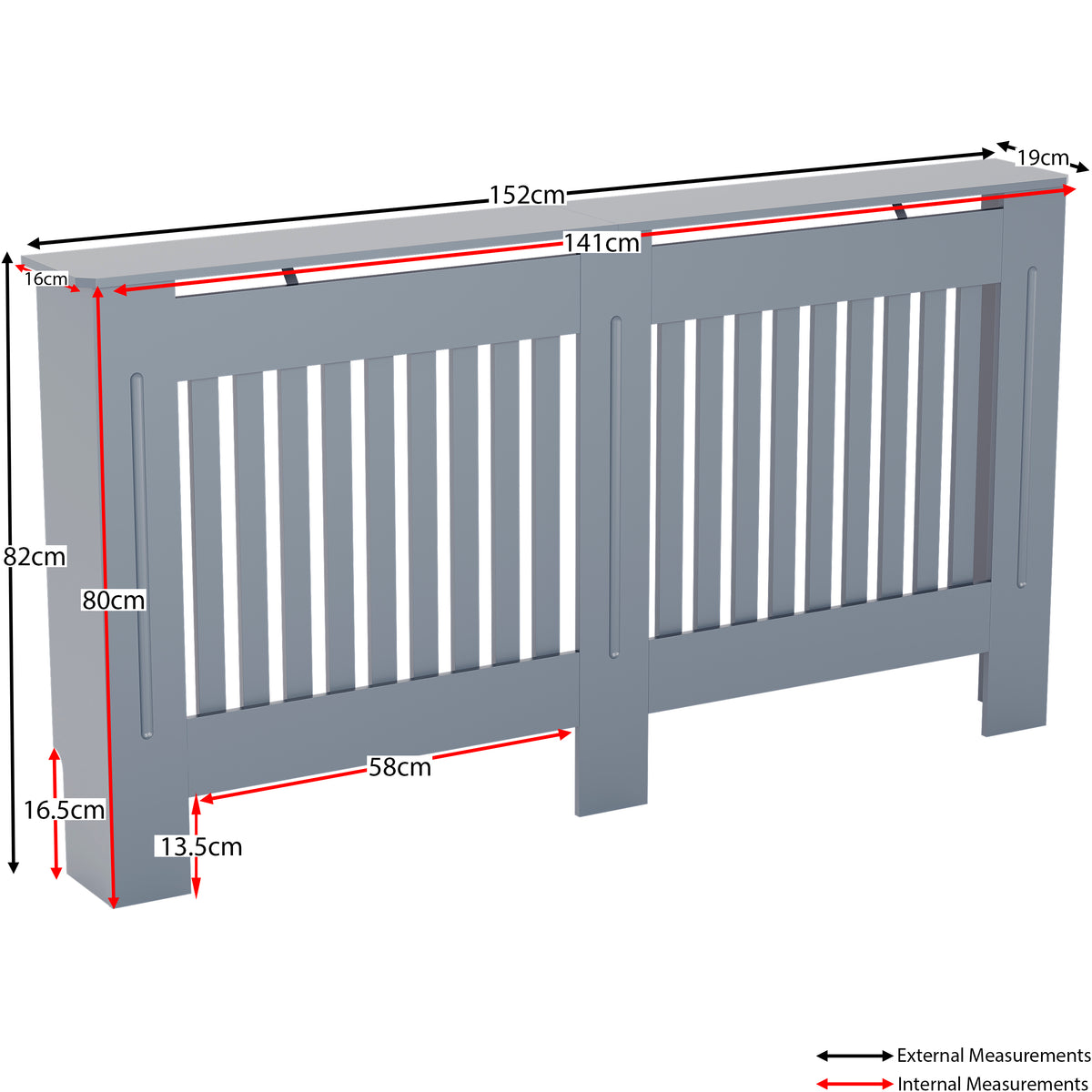 Large Grey Chelsea radiator cover with decorative slatted front.
