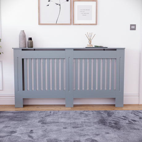 Large Grey Chelsea radiator cover with decorative slatted front.
