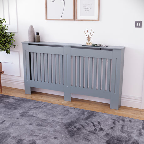 Large Grey Chelsea radiator cover with decorative slatted front.
