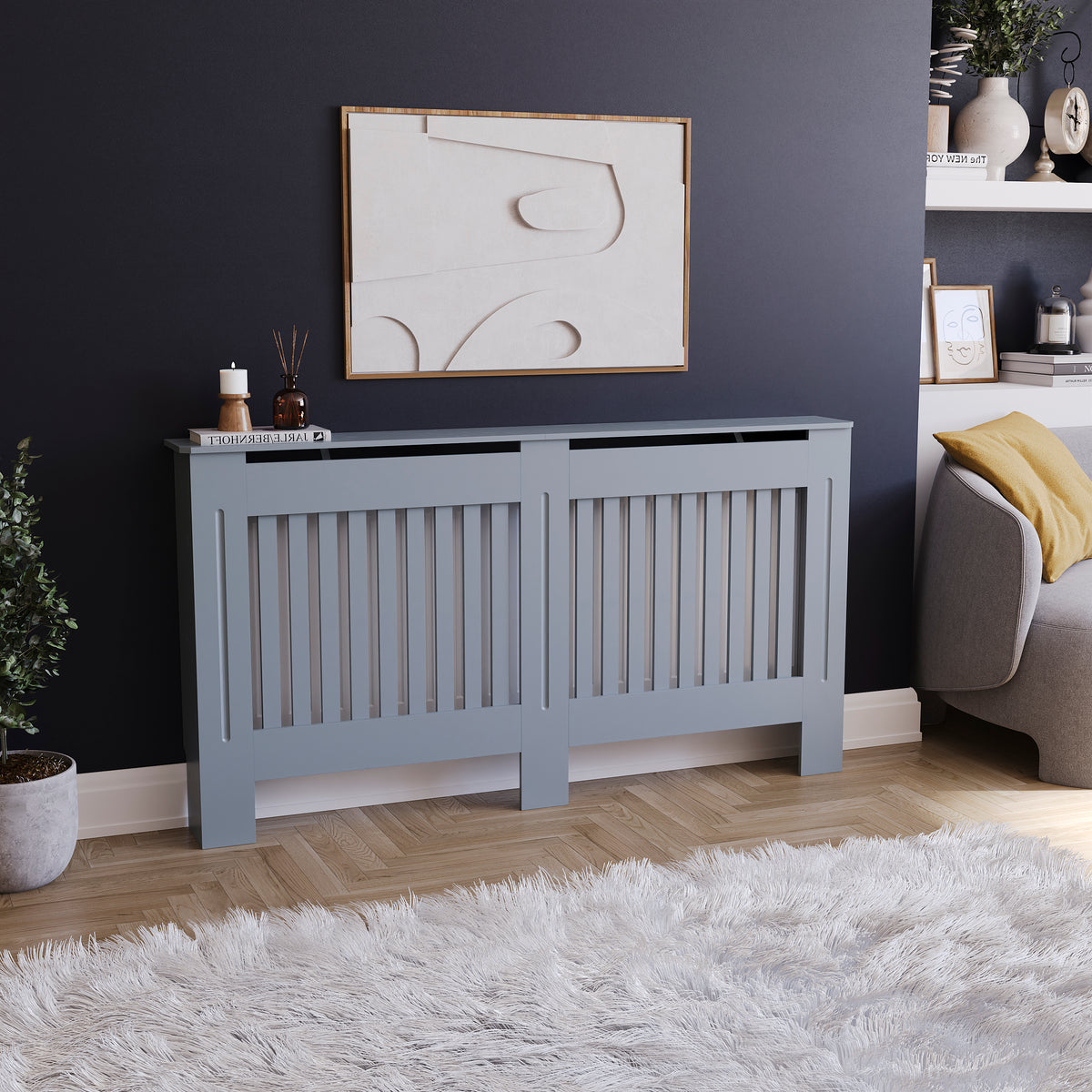 Large Grey Chelsea radiator cover with decorative slatted front.

