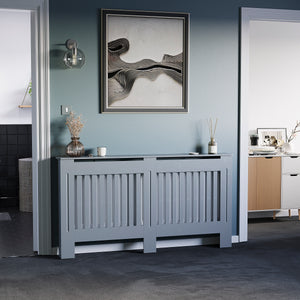 Large Grey Chelsea radiator cover with decorative slatted front.

