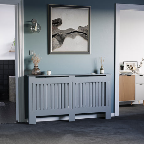 Large Grey Chelsea radiator cover with decorative slatted front.
