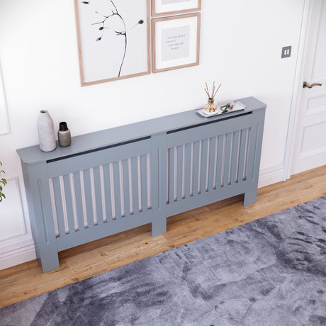 Extra Large Grey Chelsea radiator cover with decorative slatted front.
