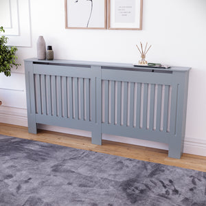 Extra Large Grey Chelsea radiator cover with decorative slatted front.
