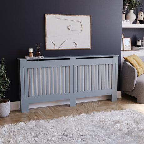 Extra Large Grey Chelsea radiator cover with decorative slatted front.
