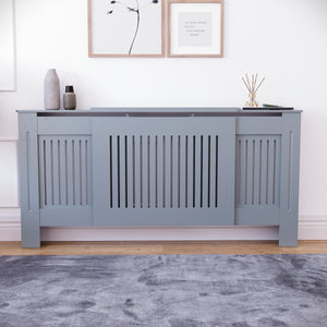 Adjustable Grey Chelsea radiator cover with decorative slatted front.
