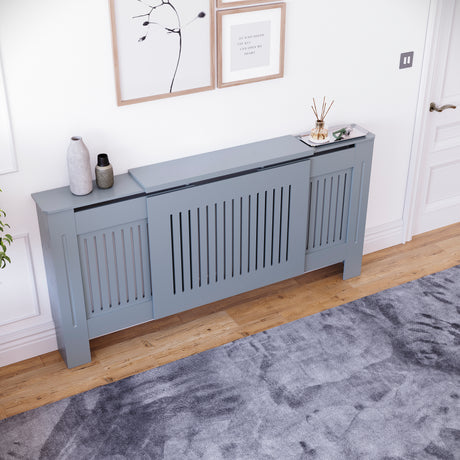 Adjustable Grey Chelsea radiator cover with decorative slatted front.
